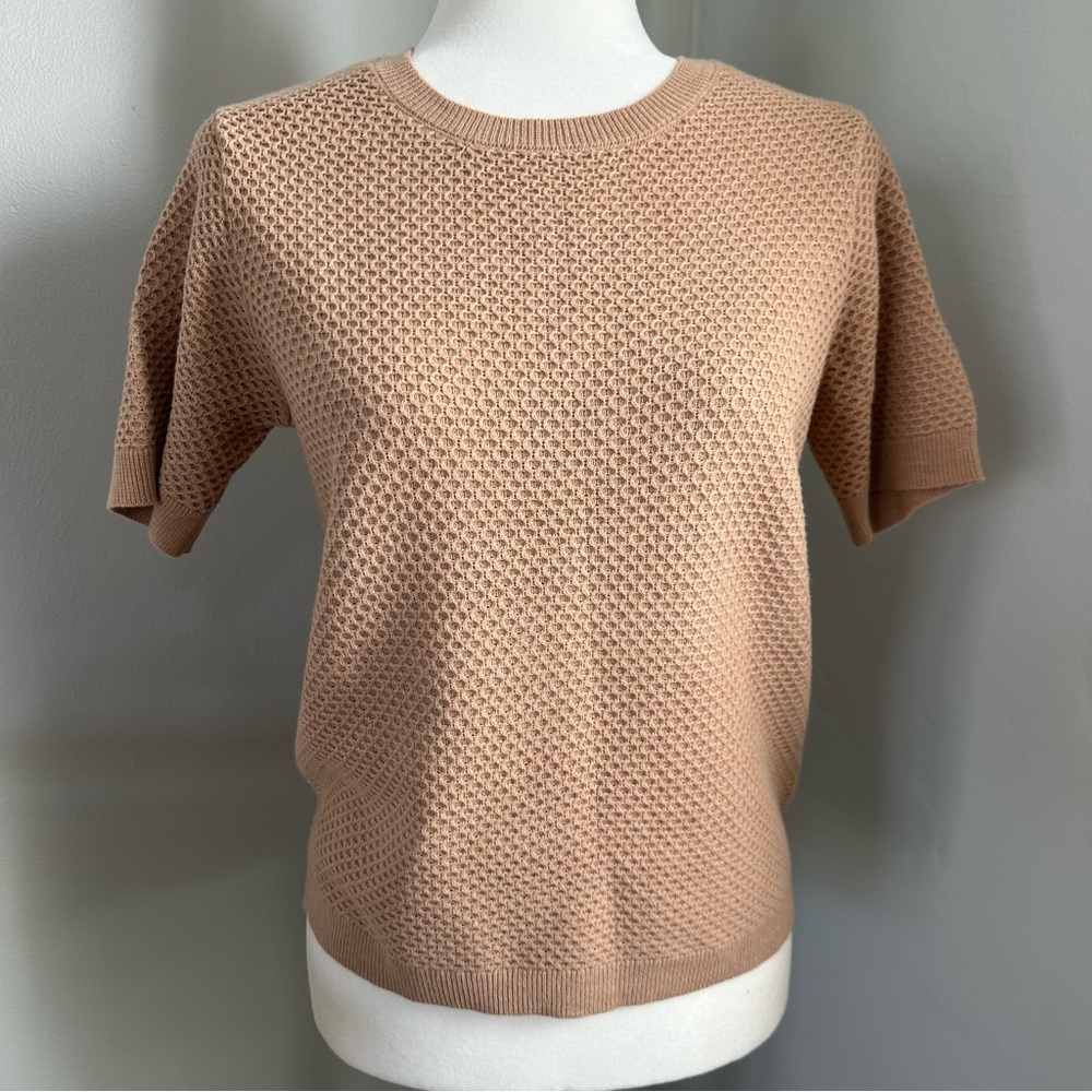 NEW! Nine West Women’s Sweater Blouse, Honeycomb Knit, Short Sleeves, Tan, Small